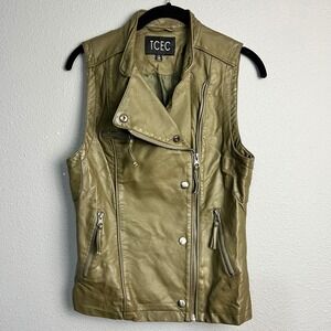TCEC Faux Leather Moto‎ Vest Olive Green Snap Button Zip Pockets Boho Size Sm